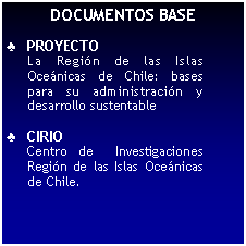 Cuadro de texto: DOCUMENTOS BASEPROYECTOLa Regin de las Islas Ocenicas de Chile: bases para su administracin y desarrollo sustentableCIRIOCentro de  Investigaciones Regin de las Islas Ocenicas de Chile.