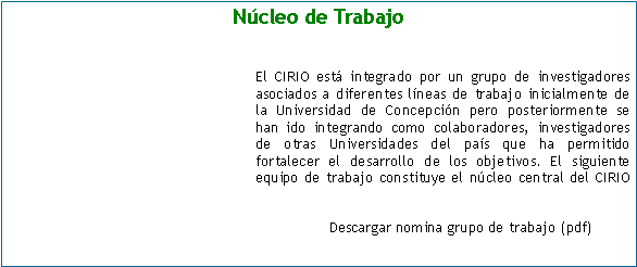 Cuadro de texto: Ncleo de TrabajoEl CIRIO est integrado por un grupo de investigadores asociados a diferentes lneas de trabajo inicialmente de la Universidad de Concepcin pero posteriormente se han ido integrando como colaboradores, investigadores de otras Universidades del pas que ha permitido fortalecer el desarrollo de los objetivos. El siguiente equipo de trabajo constituye el ncleo central del CIRIO 	                  Descargar nomina grupo de trabajo (pdf)