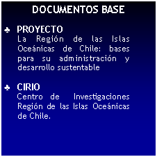 Cuadro de texto: DOCUMENTOS BASE

PROYECTO
La Región de las Islas Oceánicas de Chile: bases para su administración y desarrollo sustentable

CIRIO
Centro de  Investigaciones Región de las Islas Oceánicas de Chile.
